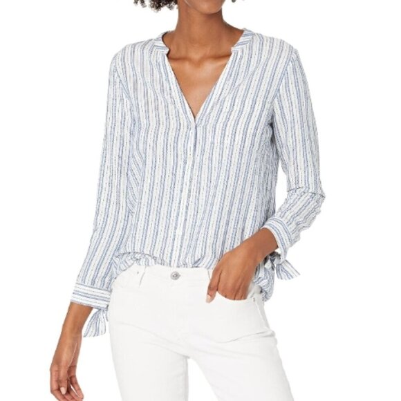 J. Crew Factory Women's Size XXL White Blue Stripe Tie Sleeve Button Up Shirt - Picture 1 of 14